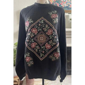 Tultex Sweats Appeals Vtg Black‎ Pullover Rose Floral Size Large Made In USA